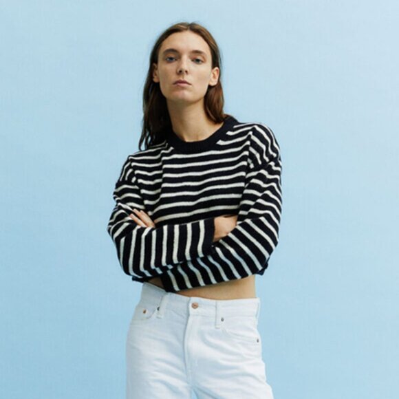 H&M Cropped Sweater Size M Wool Blend Black White Striped Crew Neck Long Sleeves - Picture 6 of 14